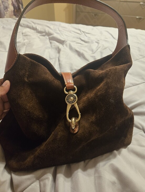 Dooney & Bourke Handbags - Used Dooney & Bourke Dark Brown Suede Shoulder Hobo with Gold Hardware